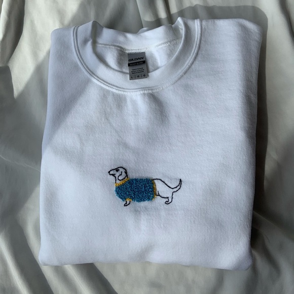 Handmade Weiner Dog Embroidered Sweatshirt Crewneck - Picture 1 of 4